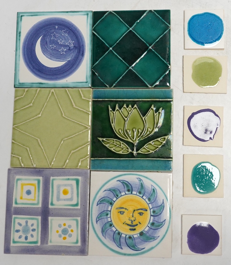 A collection of forty-three Kenneth Clark ceramic tiles and a quantity of related smaller spacer tiles, larger tiles 10x10cm